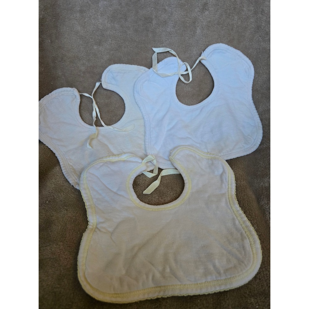Vintage Baby Bibs Set of 3 White Off White Cotton Ribbon Tie Scalloped Trim
